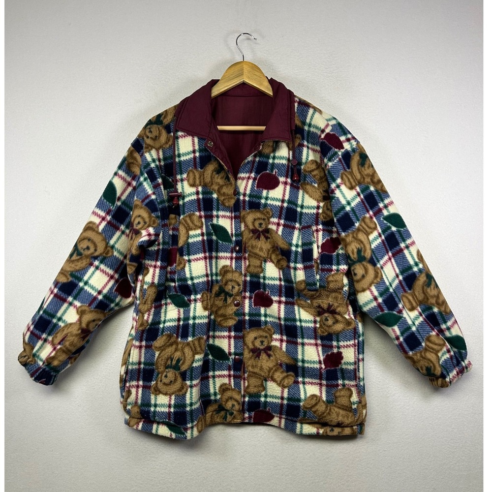 Vintage Grandma Women M Burgundy Teddy Bear Plaid Reversible Fleece Jacket